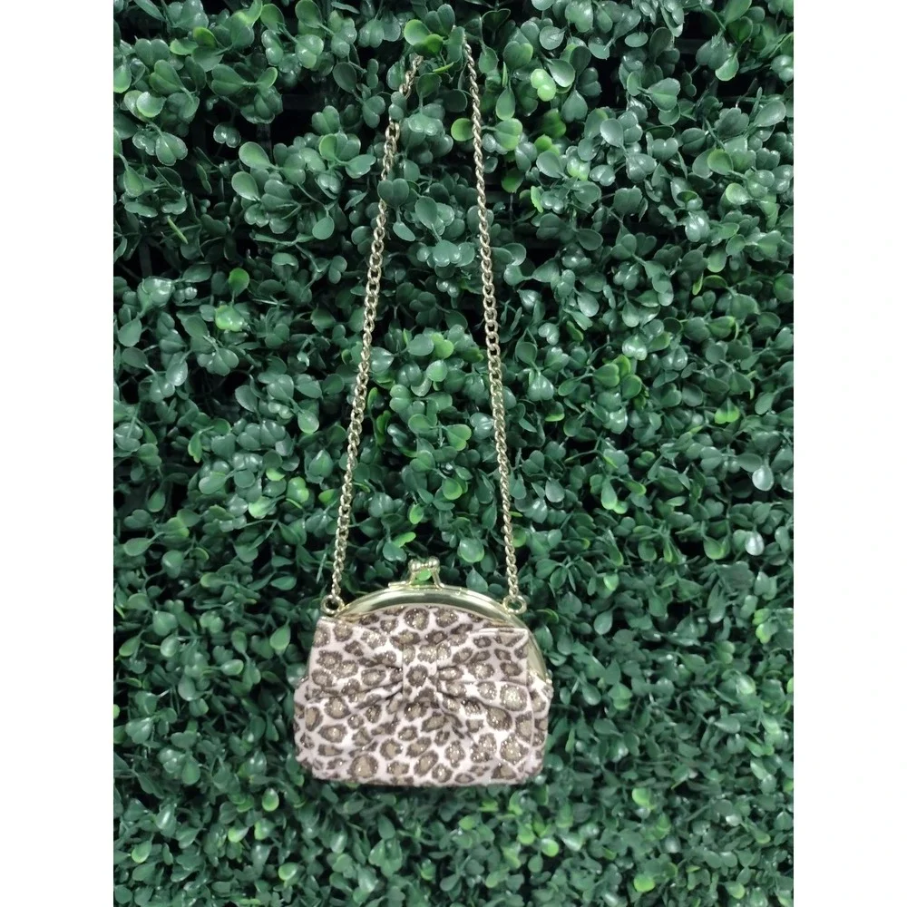 Gymboree Girls Leopard Print Glitter Bow Coin Purse‎ Pink Gold Chain Strap